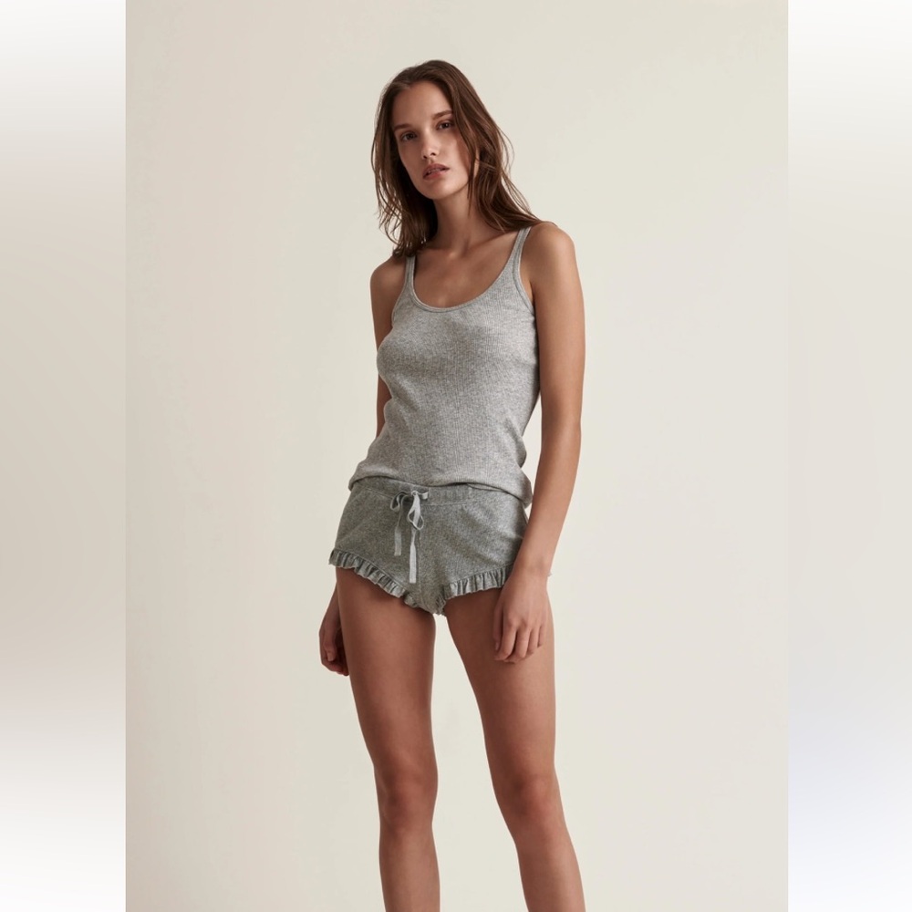 SKIN WORLDWIDE organized cotton nude ruffle romper chemise sleep lounge set
